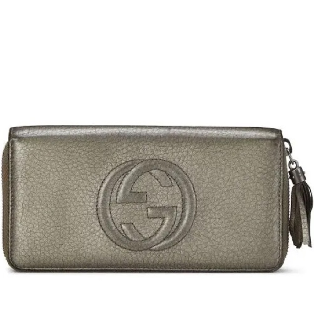 Gucci Soho Interlocking G G Logo front Zip Around Wallet Gray Pebbled Leather